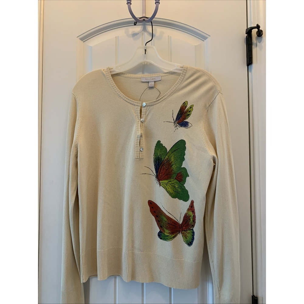 Bogari Womens Cream Henley Sweater Glitter Butterfly Graphic Long Sleeve Large